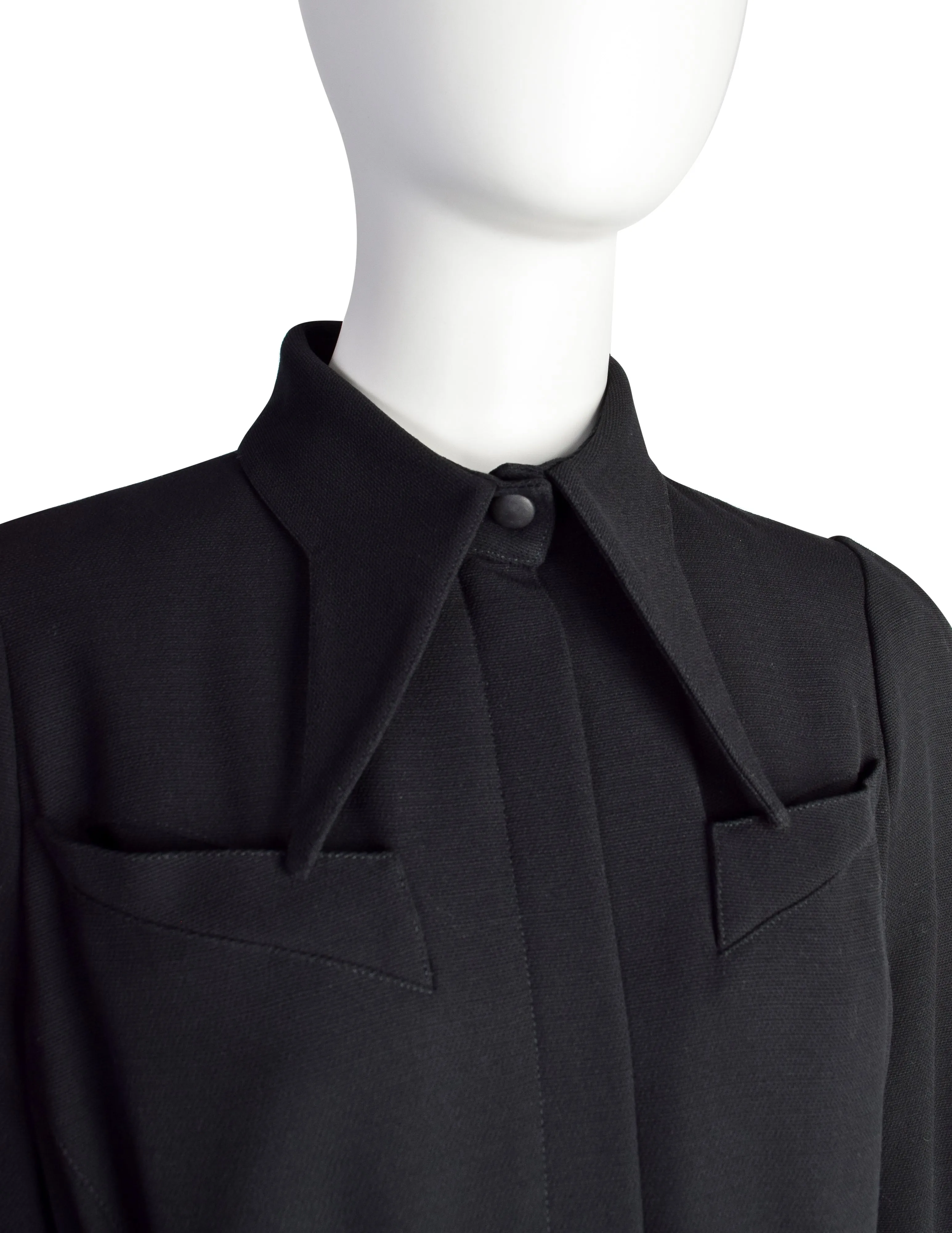 Thierry Mugler Vintage 1980s Black Wool Belted Shirt Dress