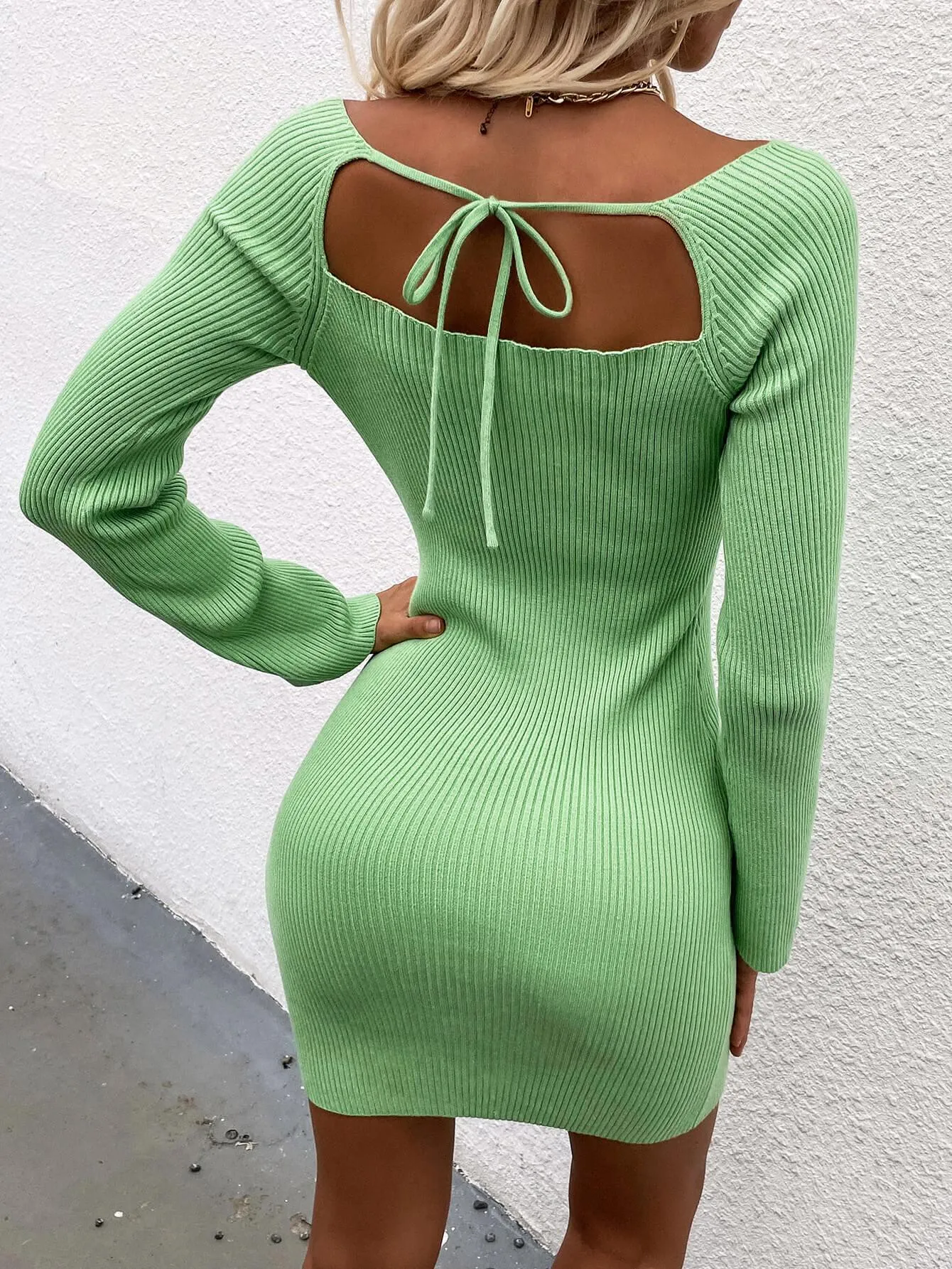 Tie Back Square Neck Long Sleeve Sweater Dress