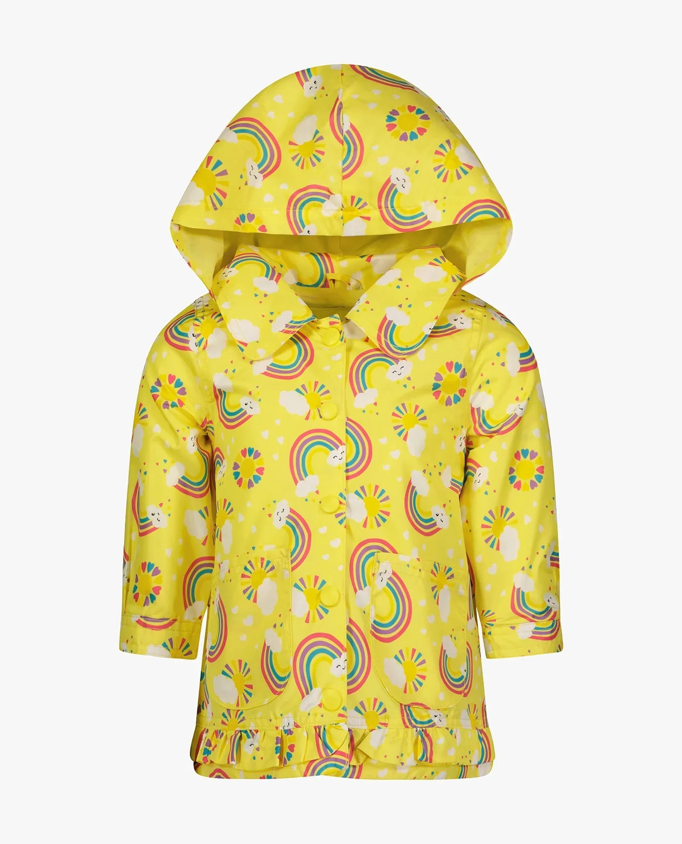 TODDLER GIRLS PRINTED COLLARED SNAP FRONT RAINCOAT WITH HOOD