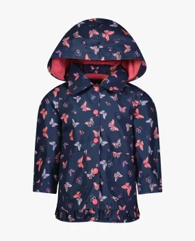 TODDLER GIRLS PRINTED COLLARED SNAP FRONT RAINCOAT WITH HOOD