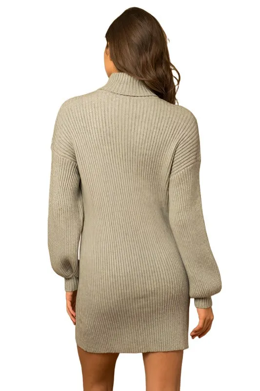 Turtle Neck Balloon Sleeve Sweater Dress