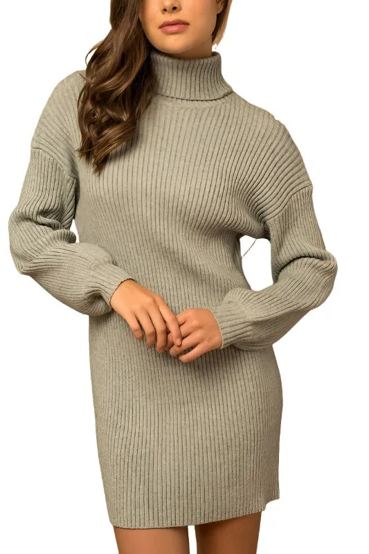 Turtle Neck Balloon Sleeve Sweater Dress