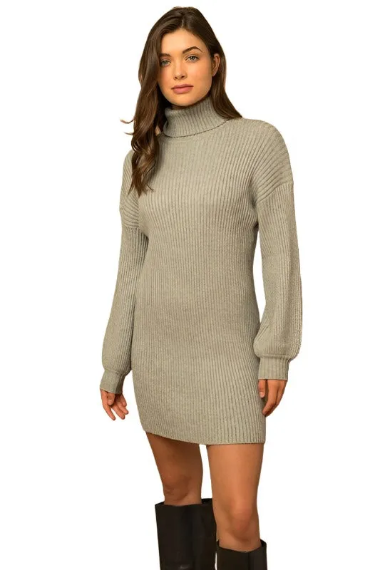 Turtle Neck Balloon Sleeve Sweater Dress