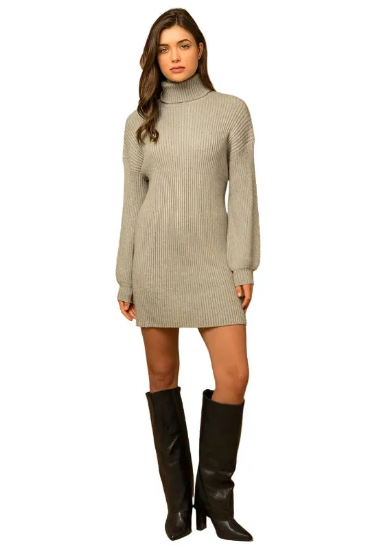 Turtle Neck Balloon Sleeve Sweater Dress