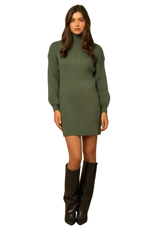 Turtle Neck Balloon Sleeve Sweater Dress