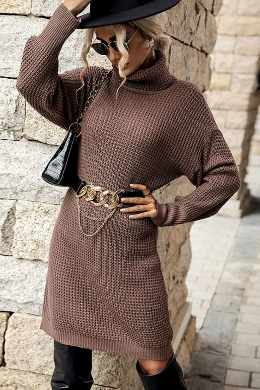 Turtleneck Dropped Shoulder Mini Sweater Dress