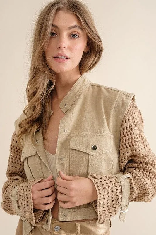 Twill Crop Crochet Sleeve Jacket