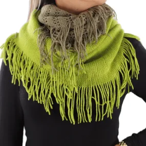 Two Toned Knit/Crochet Scarf w/ Tassels - Bright Sage/Olive Green