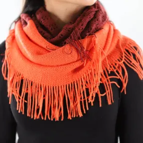 Two Toned Knit/Crochet Scarf w/ Tassels - Terra Cotta/Burnt Sienna