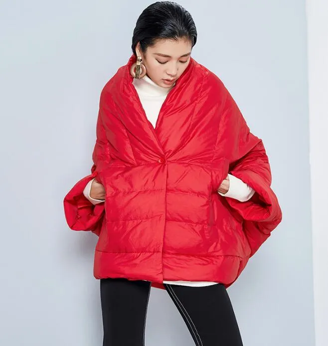 Two Ways Wear Women Jacket, Winter Puffer Coat Cloak, Loose Duck Down Jackets Cape 2239