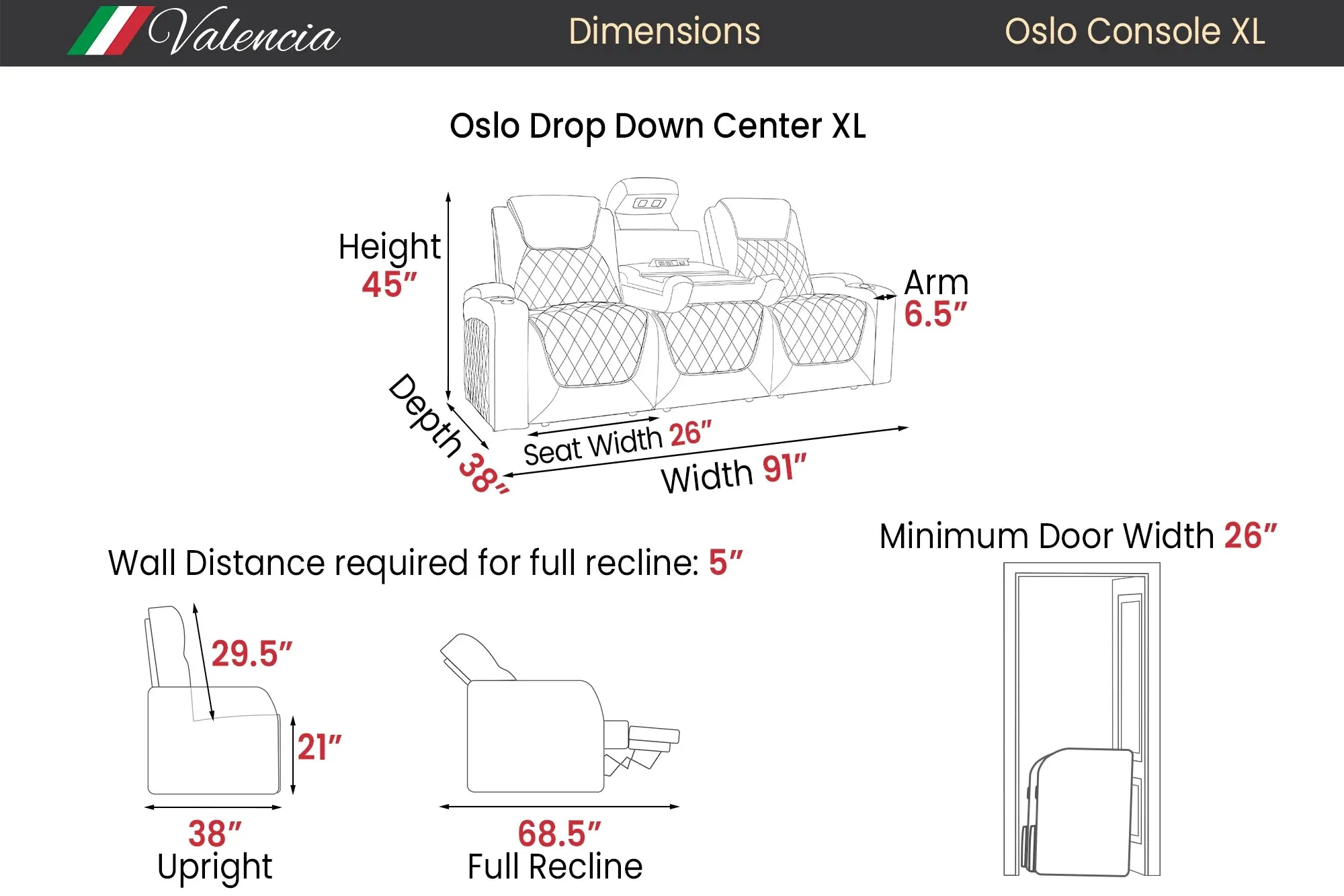 Valencia Oslo XL Console Leather Home Theater Seating Heavy Duty Row of 3 Dropdown Center, Dark Chocolate