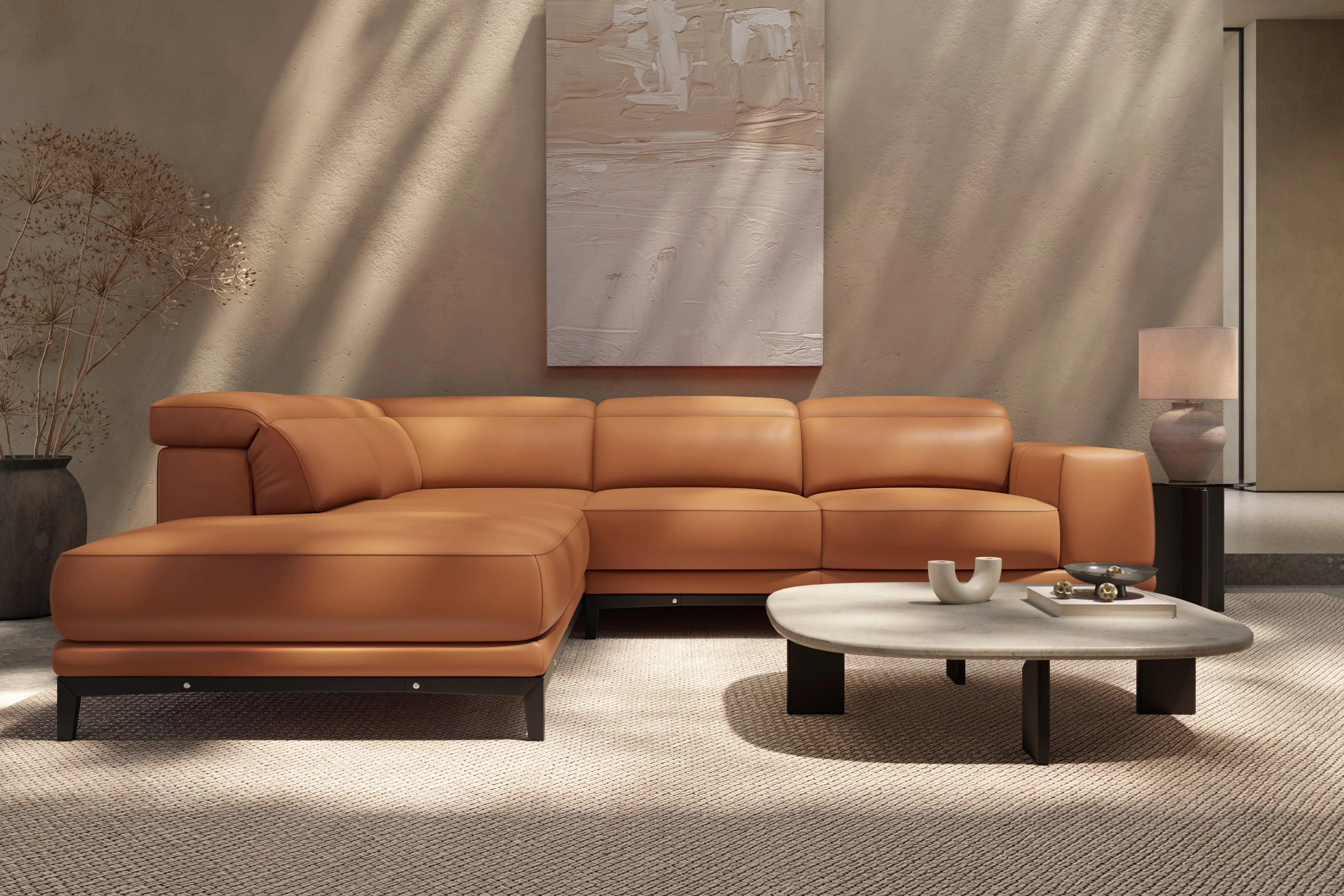 Valencia Valletta Top Grain Leather Sectional L-Shape with Left Chaise Sofa, Cognac