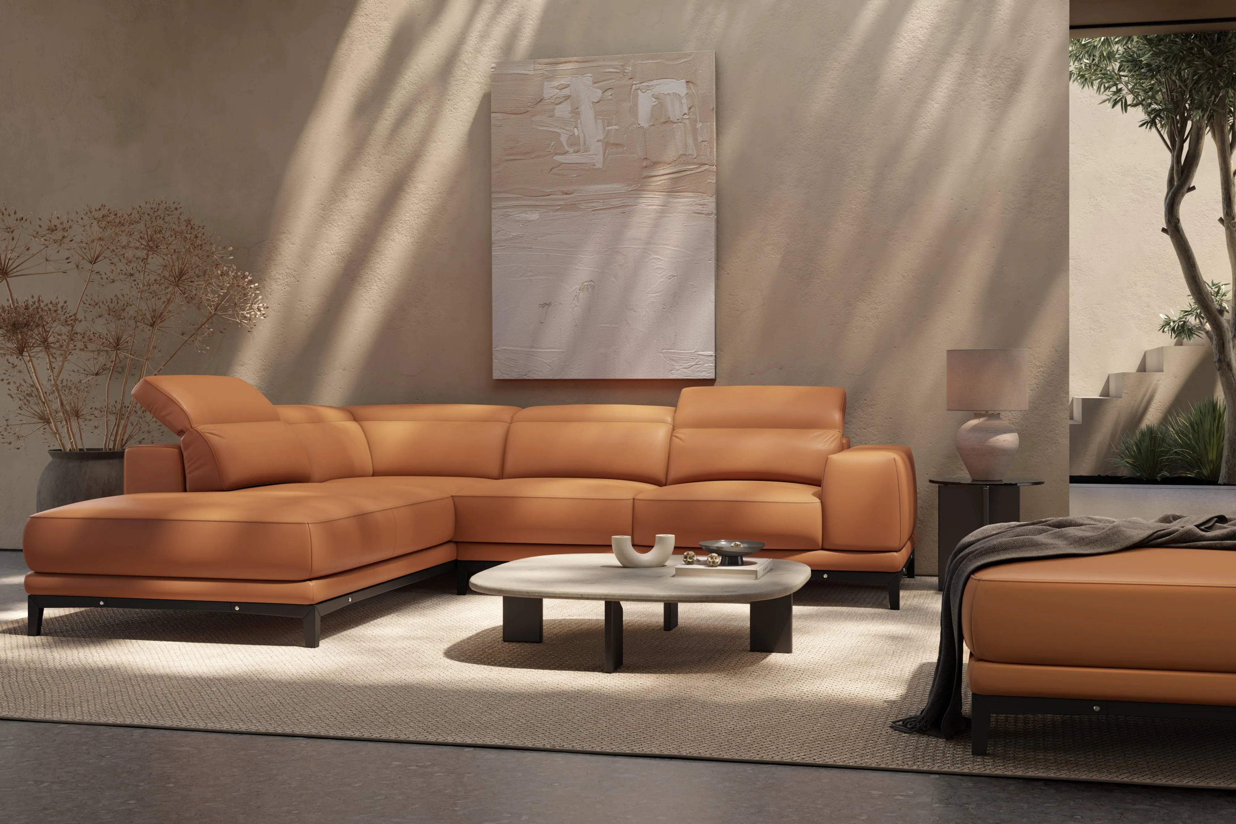 Valencia Valletta Top Grain Leather Sectional L-Shape with Left Chaise Sofa, Cognac