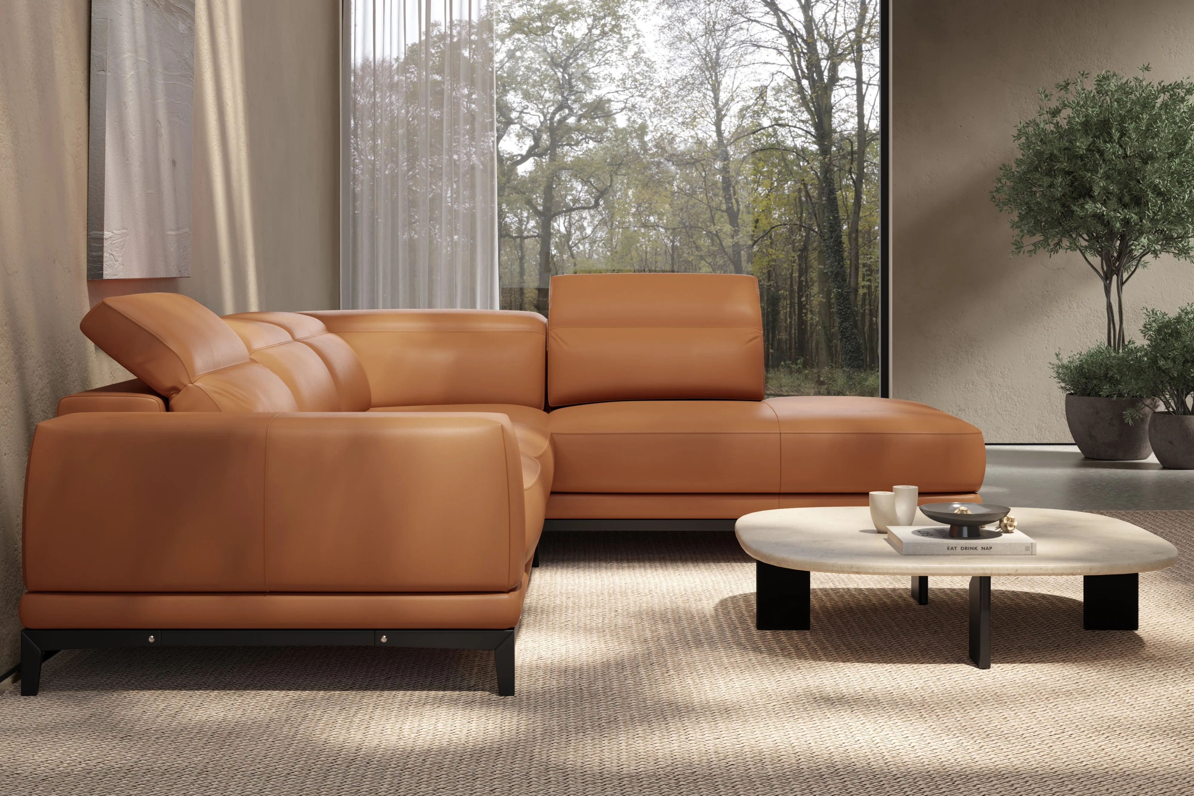 Valencia Valletta Top Grain Leather Sectional L-Shape with Right Chaise Sofa, Cognac