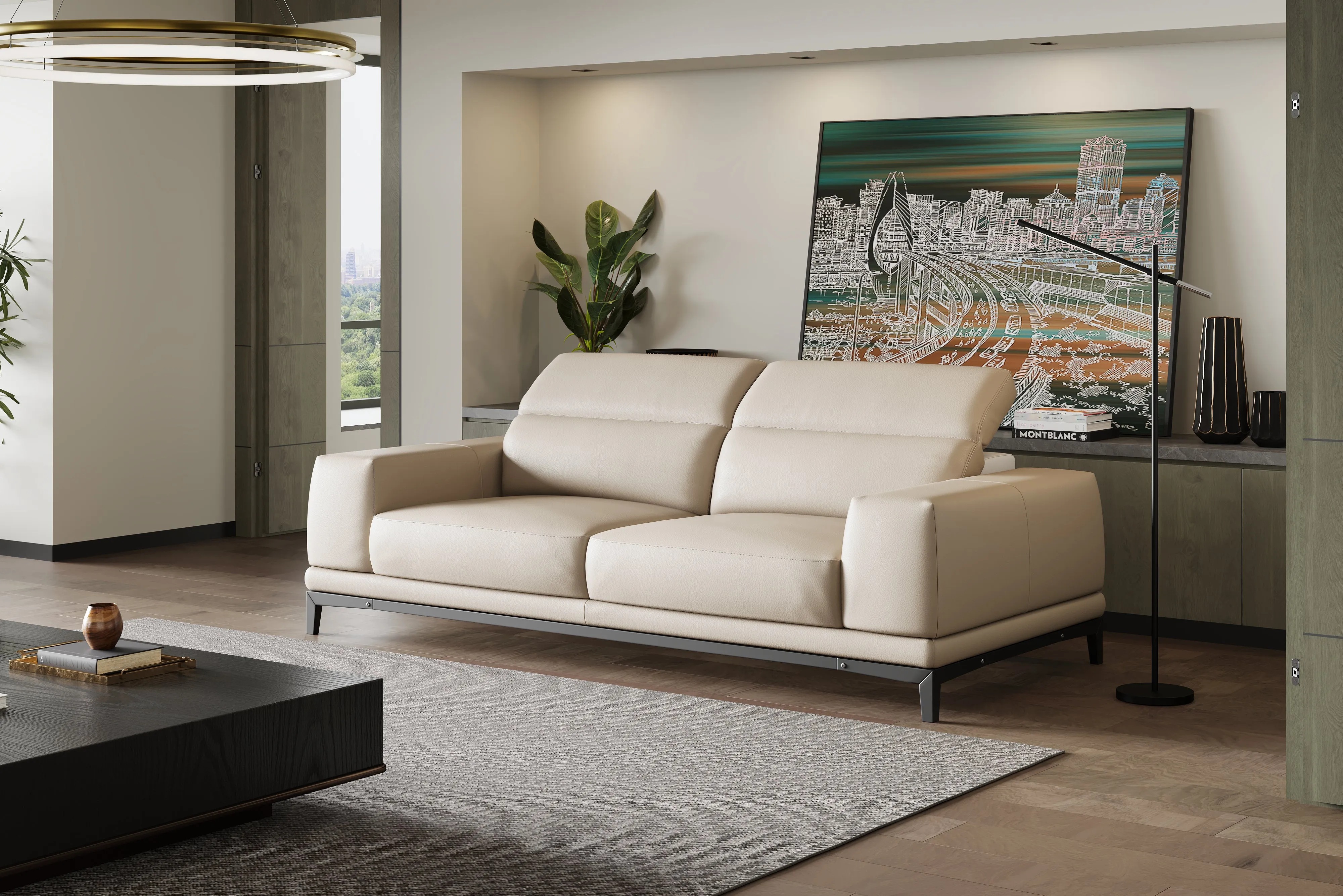 Valencia Valletta Top Grain Leather Wide Seats Sofa, Beige