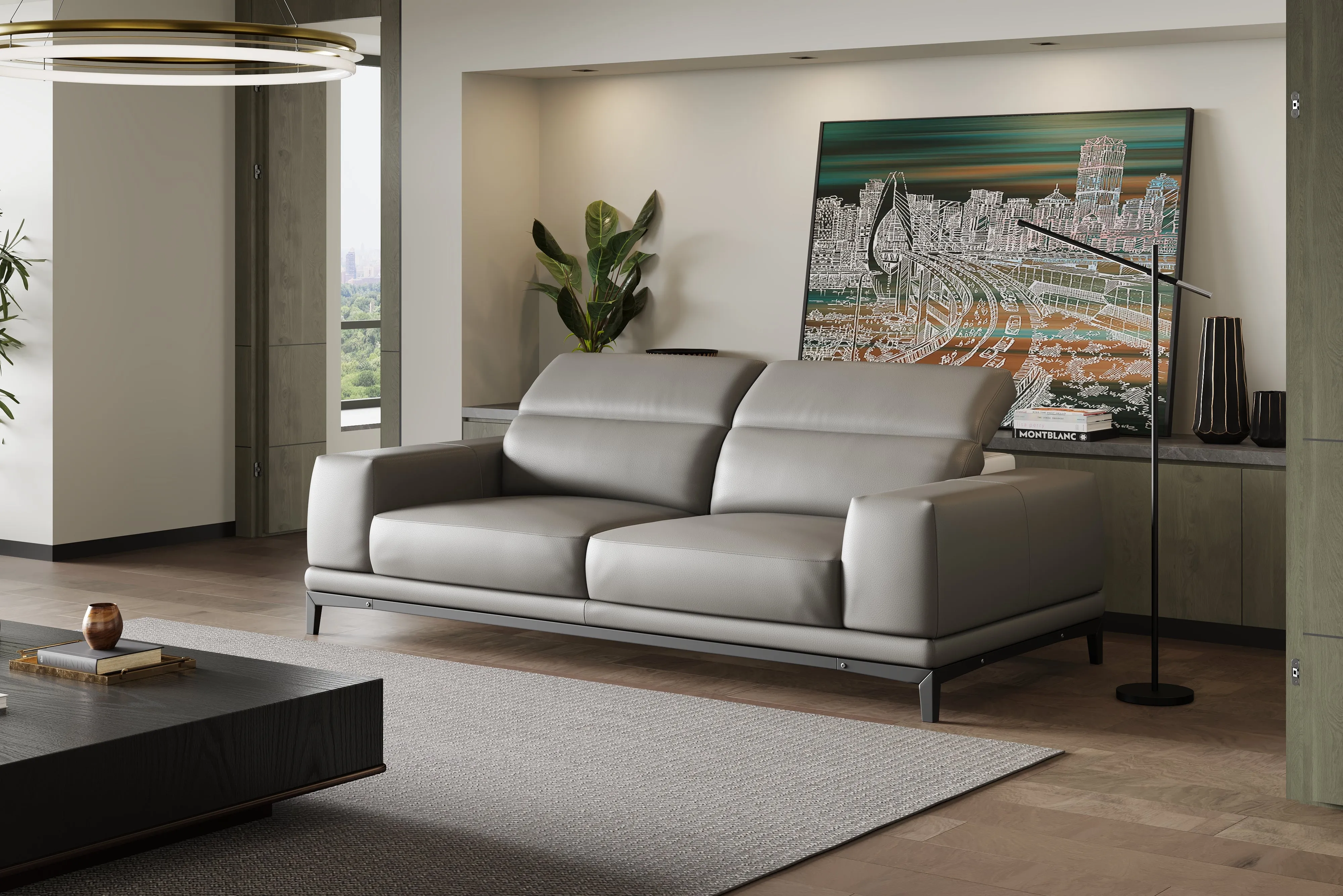 Valencia Valletta Top Grain Leather Wide Seats Sofa, Grey