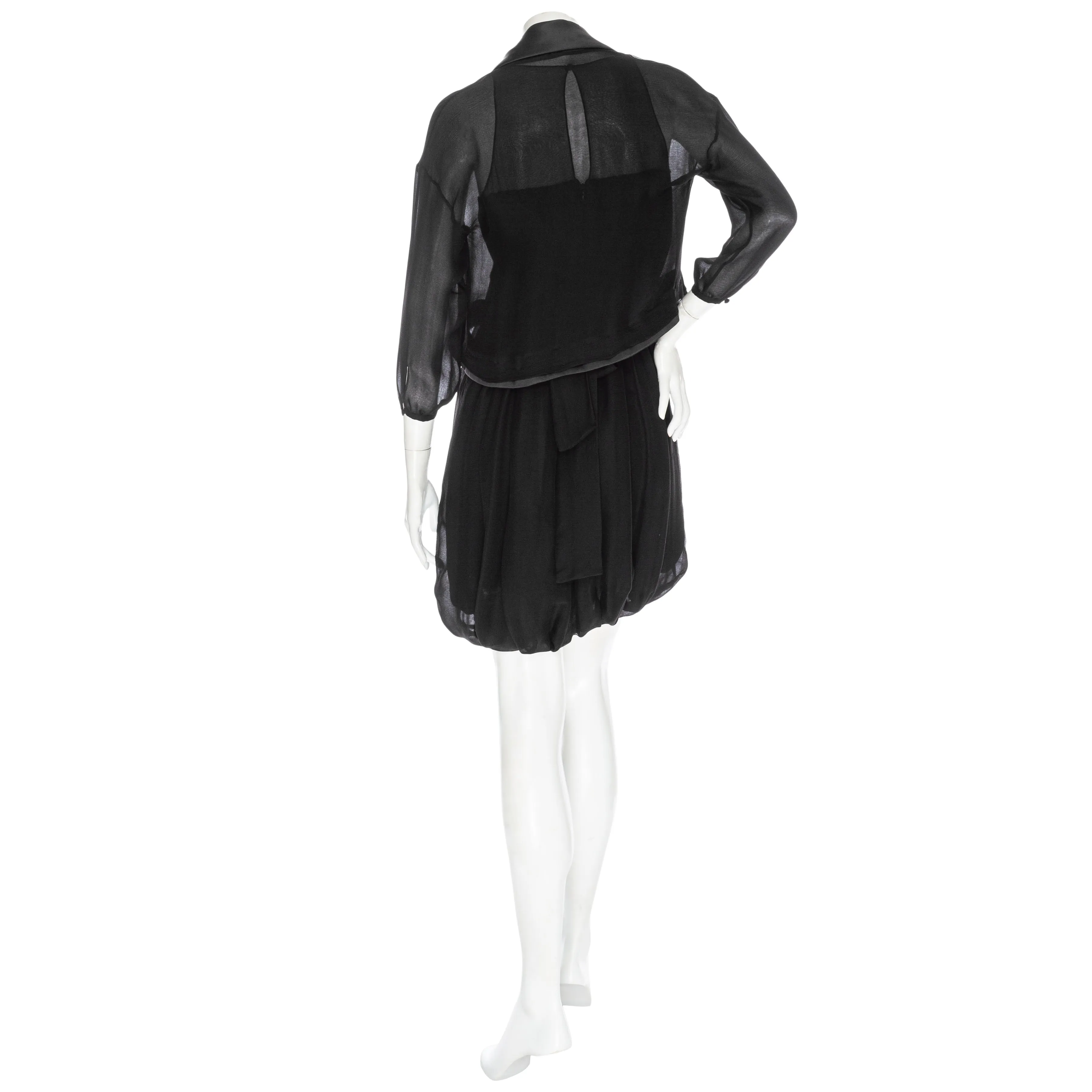 Vintage Black Silk Chiffon Sleeveless Dress and Satin Trim Jacket Set