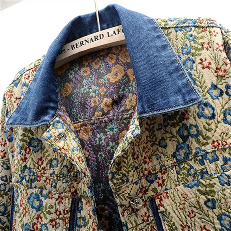 Vintage Jacquard Embroidery Denim Jacket for Women