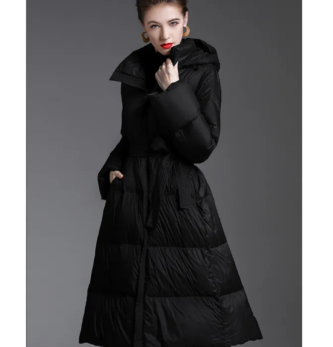 Waist Belt Long Puffer Coat Hooded Women Loose Jacket Women Down Coat 65237