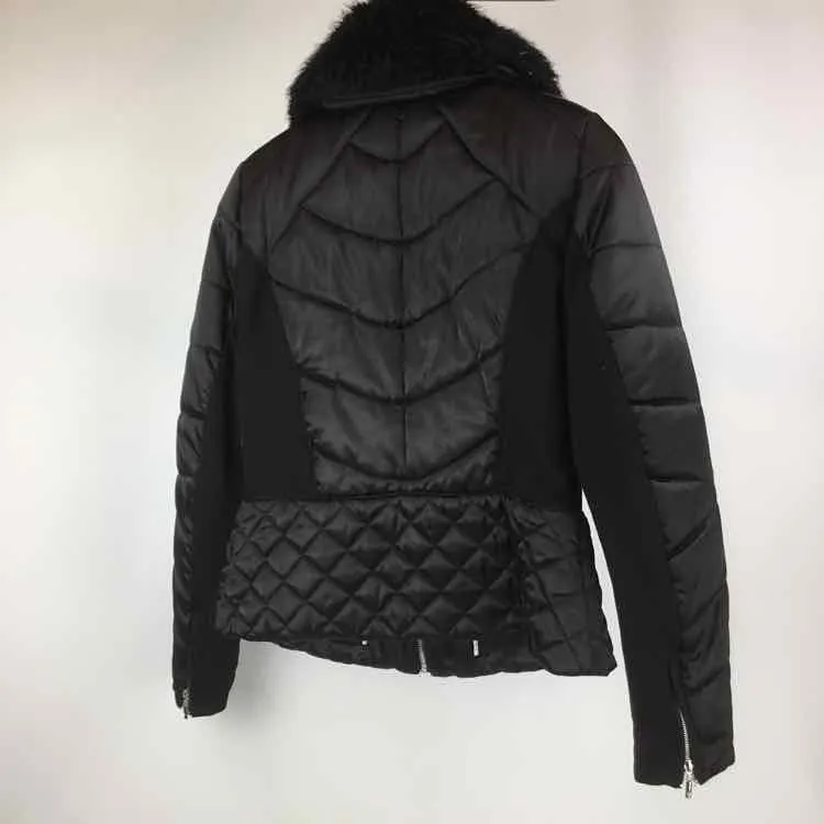 White House Black Market Size M Black Faux Fur Detail Zip Front Quilted Coat