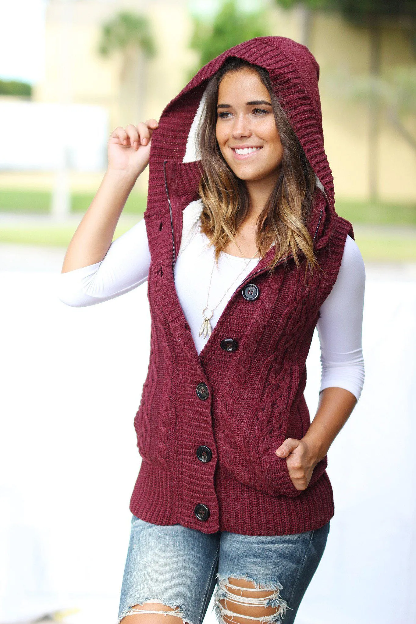 Wine Sweater Vest With Fur