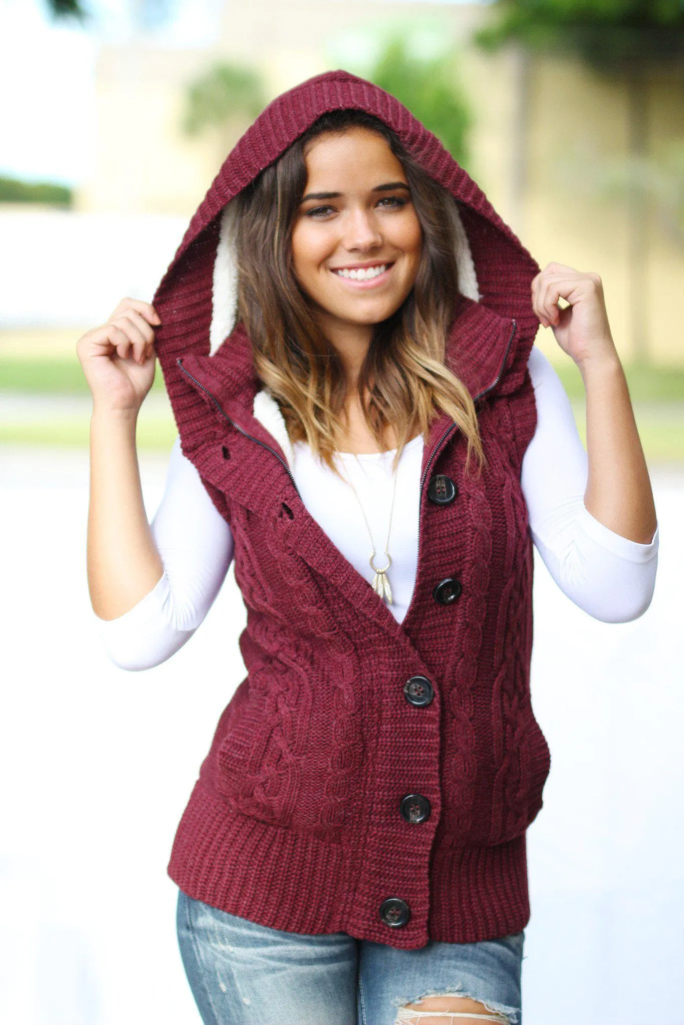 Wine Sweater Vest With Fur