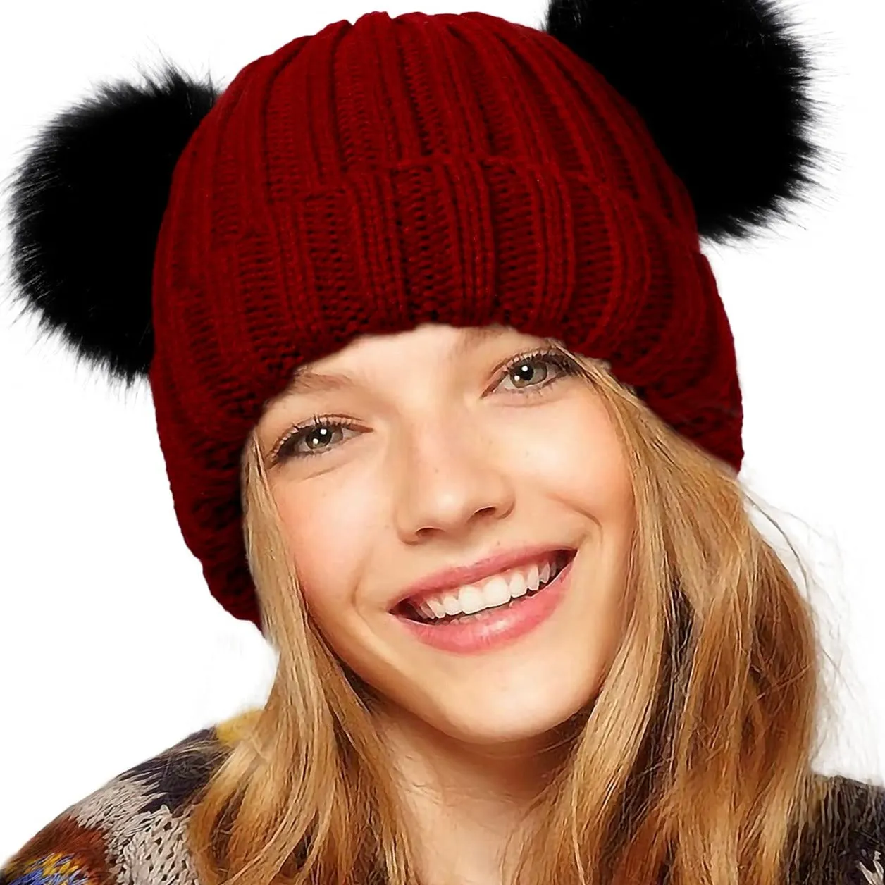 Winter Double Pom Pom Beanie Hats Detachable Fur Ball Cute Cap