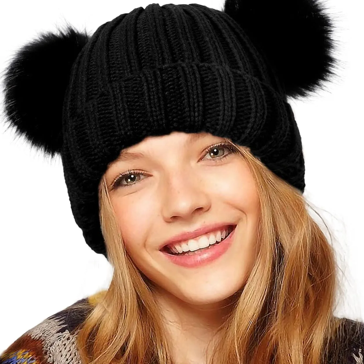 Winter Double Pom Pom Beanie Hats Detachable Fur Ball Cute Cap