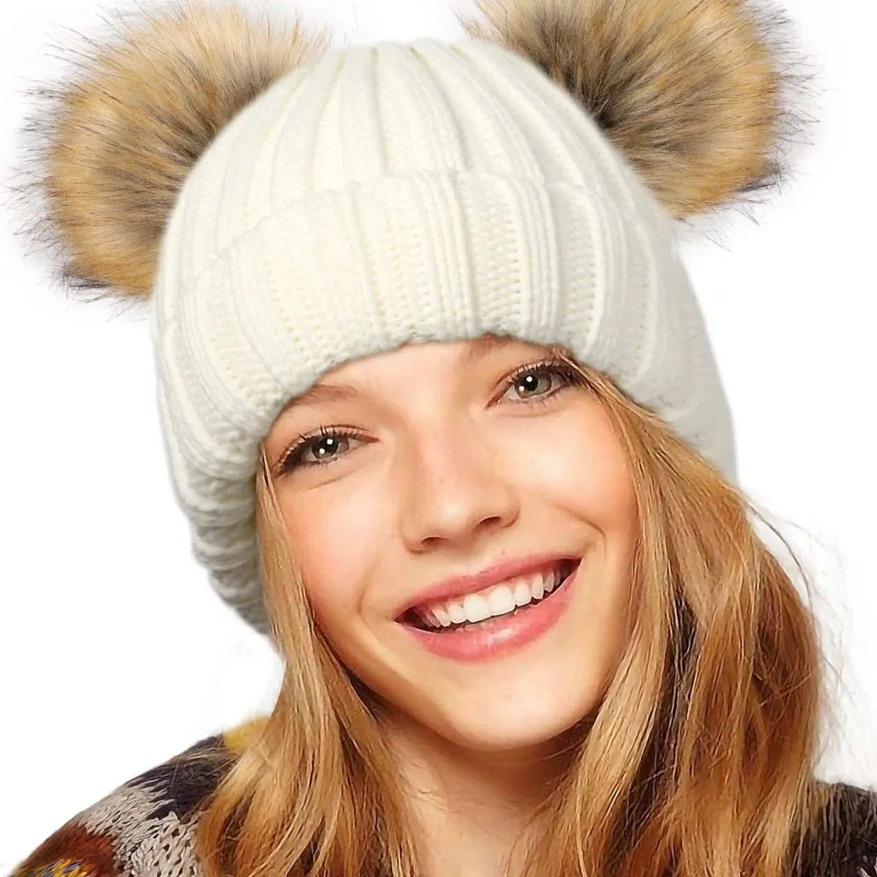 Winter Double Pom Pom Beanie Hats Detachable Fur Ball Cute Cap