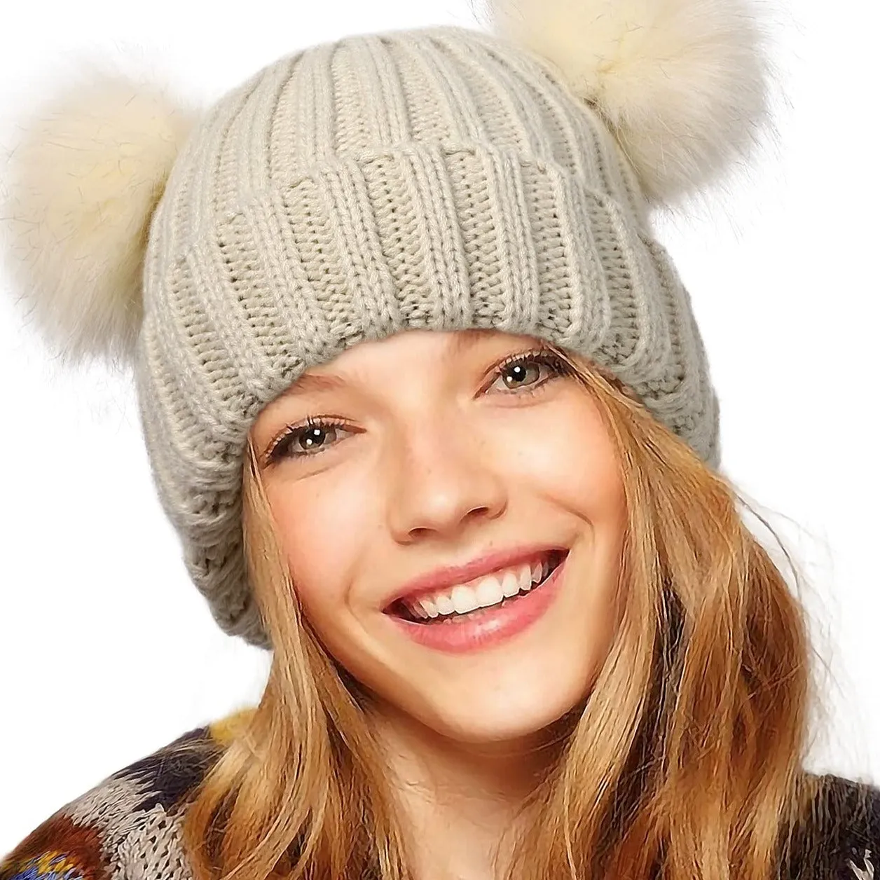 Winter Double Pom Pom Beanie Hats Detachable Fur Ball Cute Cap