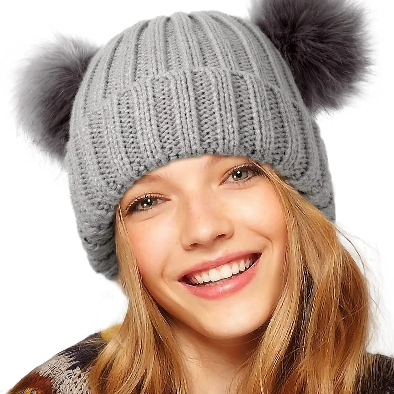 Winter Double Pom Pom Beanie Hats Detachable Fur Ball Cute Cap