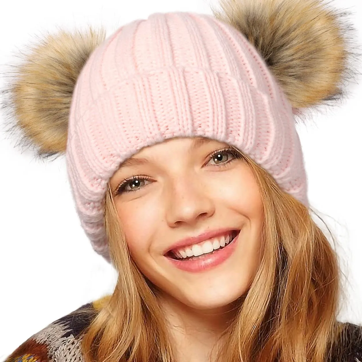 Winter Double Pom Pom Beanie Hats Detachable Fur Ball Cute Cap