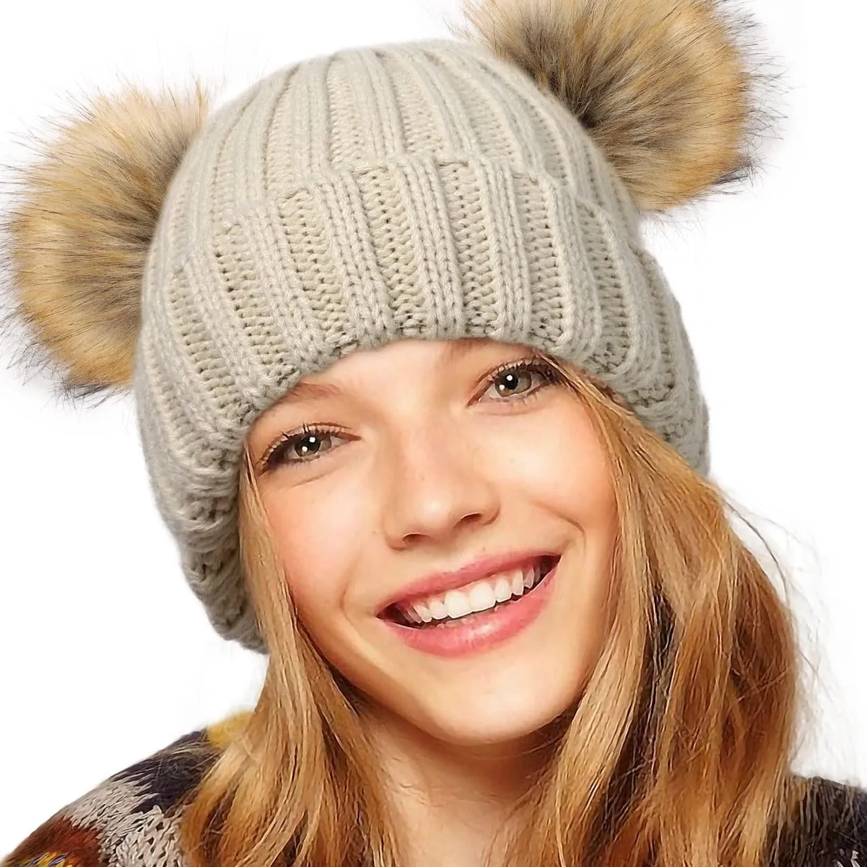 Winter Double Pom Pom Beanie Hats Detachable Fur Ball Cute Cap