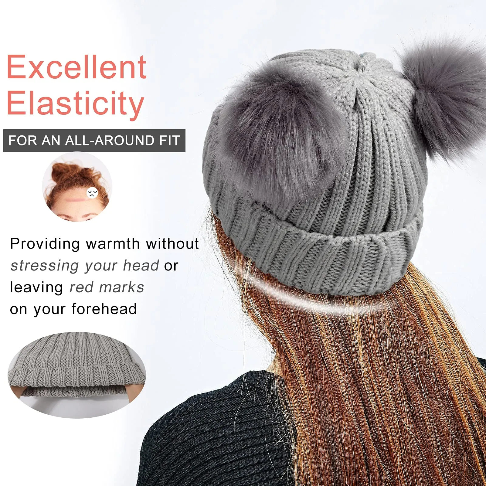 Winter Double Pom Pom Beanie Hats Detachable Fur Ball Cute Cap