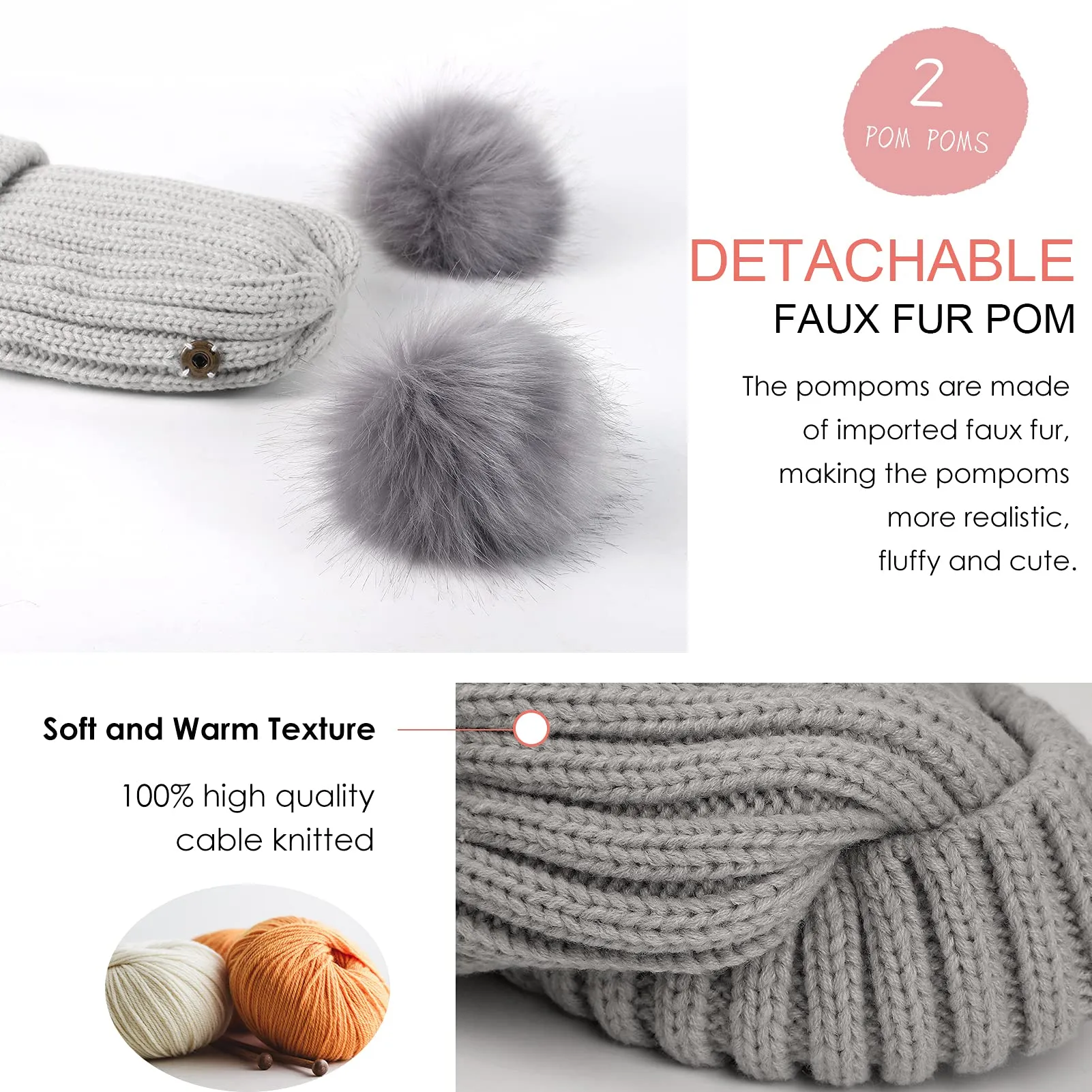 Winter Double Pom Pom Beanie Hats Detachable Fur Ball Cute Cap