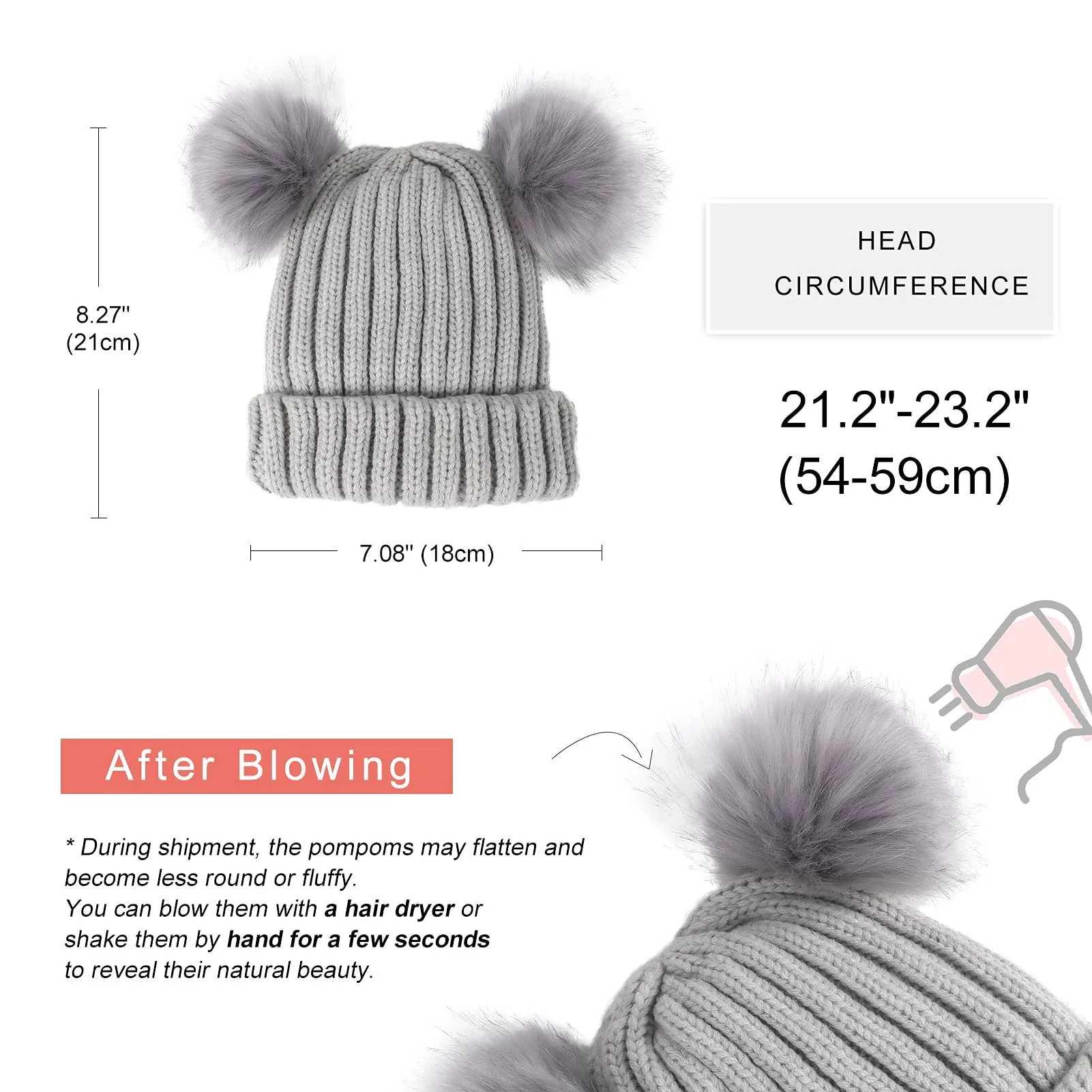 Winter Double Pom Pom Beanie Hats Detachable Fur Ball Cute Cap