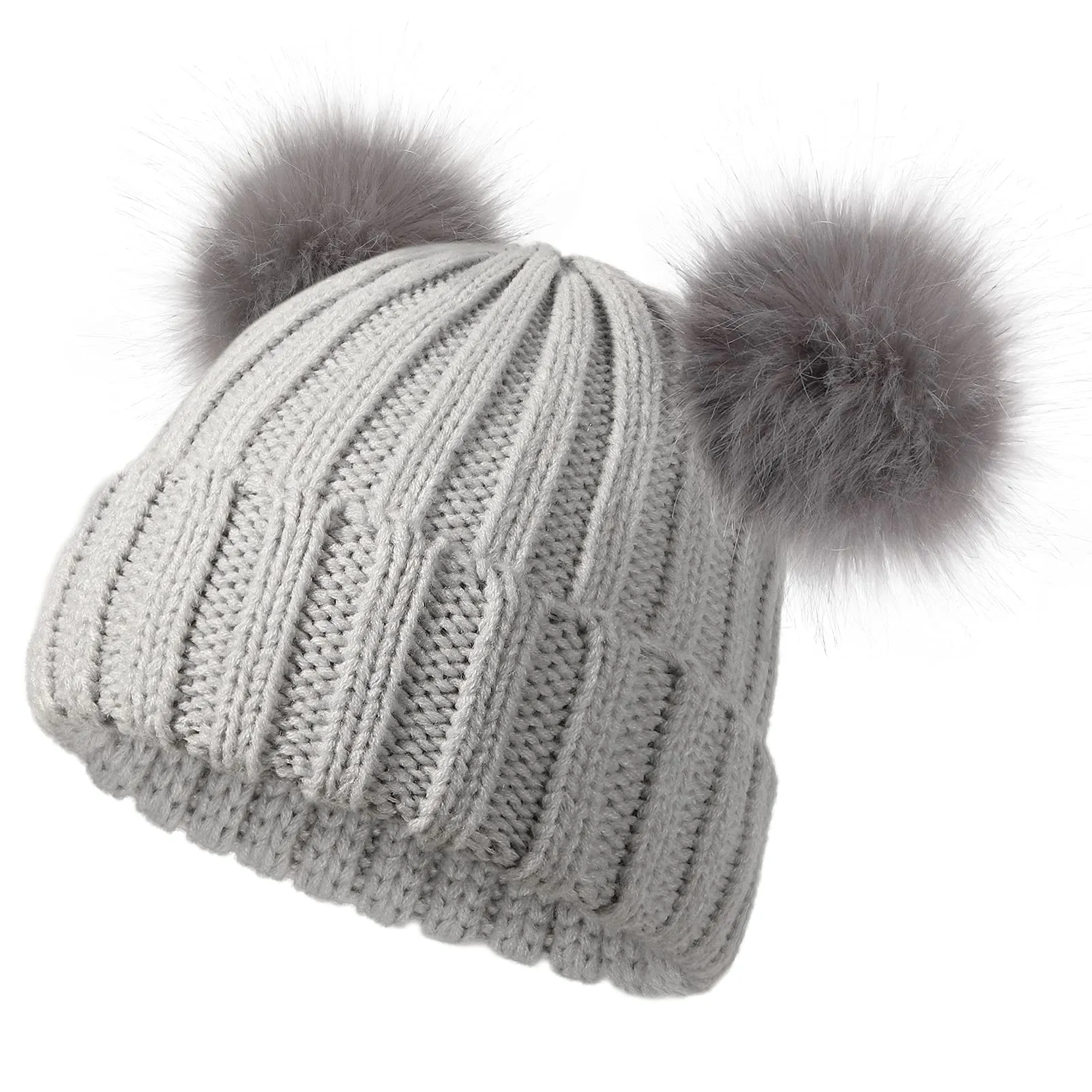 Winter Double Pom Pom Beanie Hats Detachable Fur Ball Cute Cap