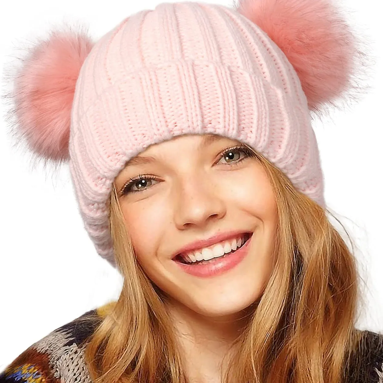 Winter Double Pom Pom Beanie Hats Detachable Fur Ball Cute Cap