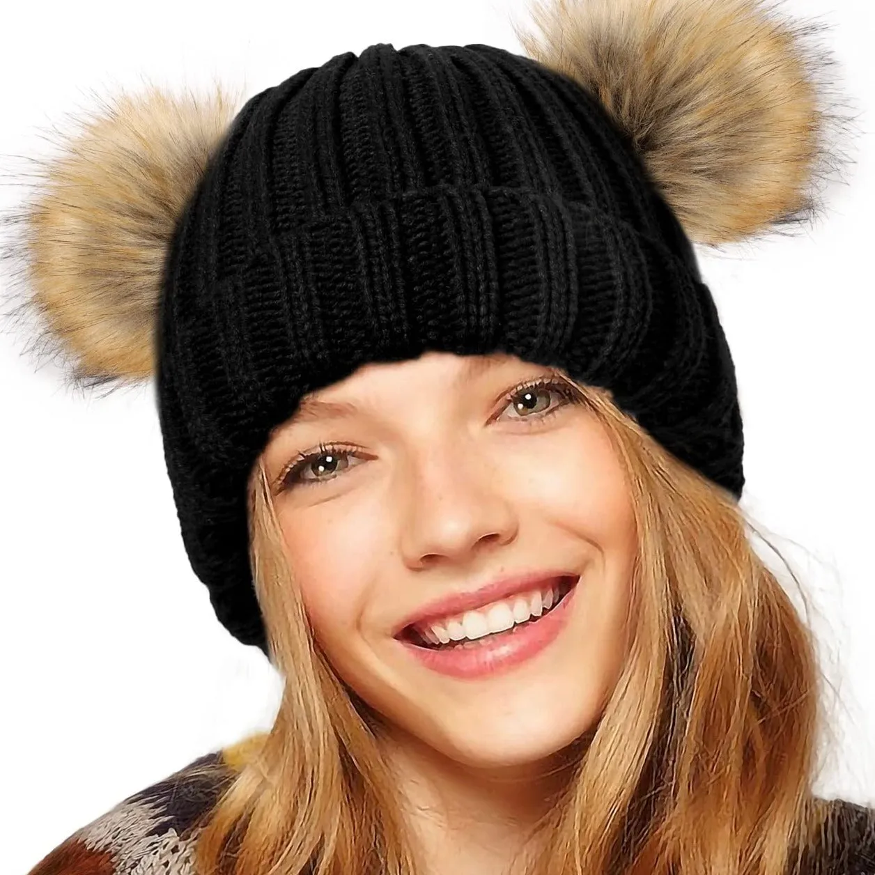 Winter Double Pom Pom Beanie Hats Detachable Fur Ball Cute Cap