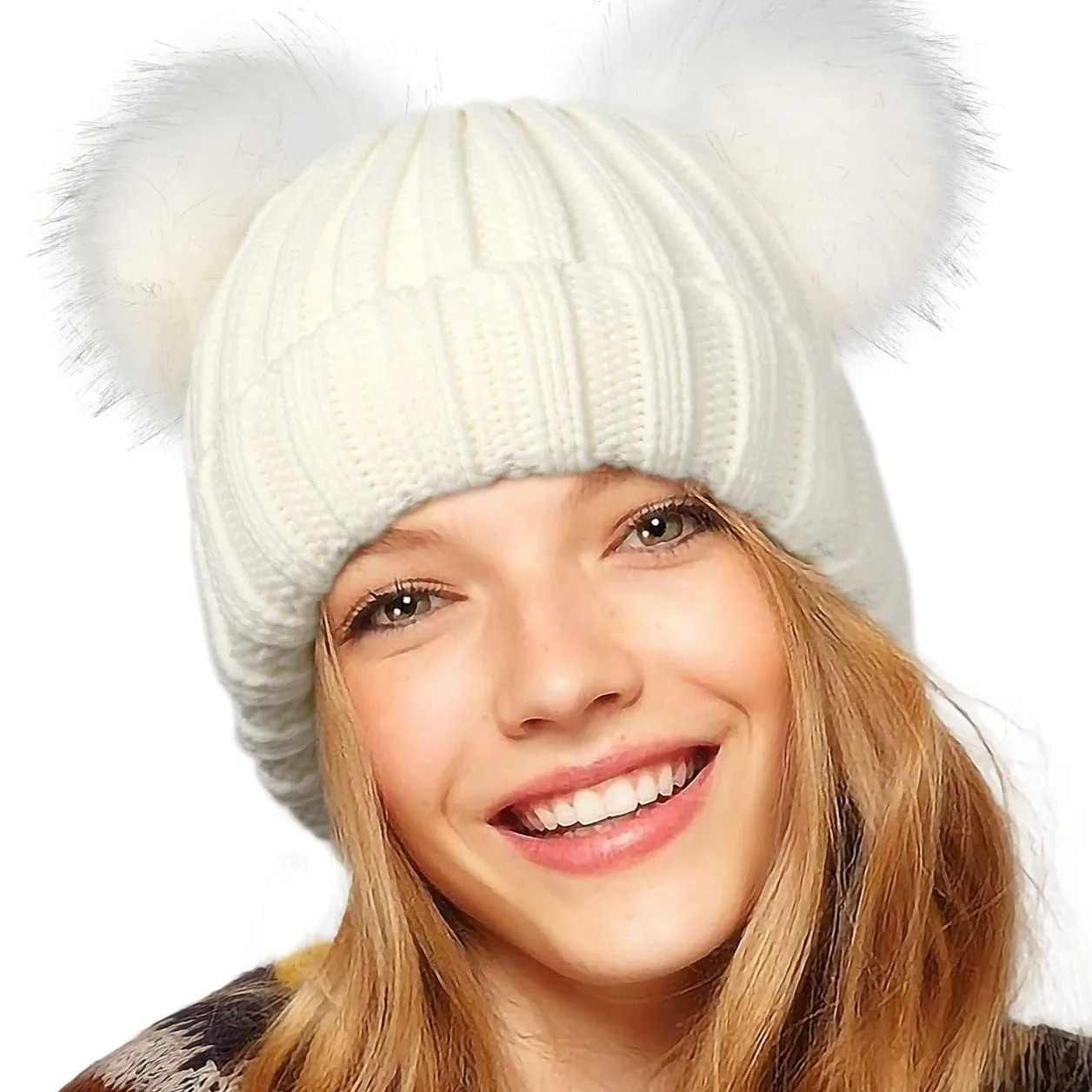 Winter Double Pom Pom Beanie Hats Detachable Fur Ball Cute Cap