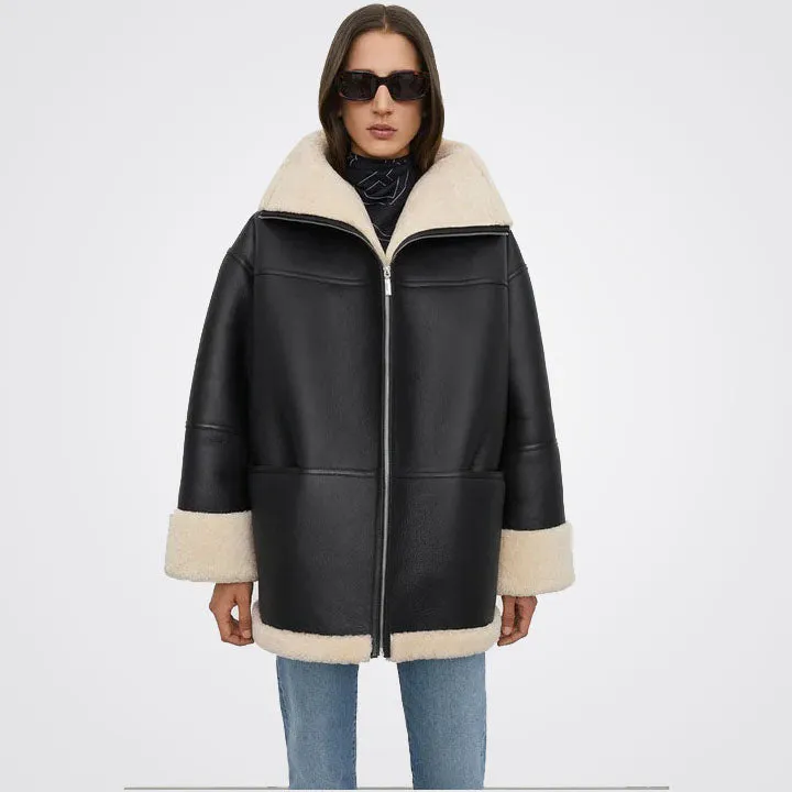 Women Oversized B3 RAF Aviator Shearling Leather Jacket