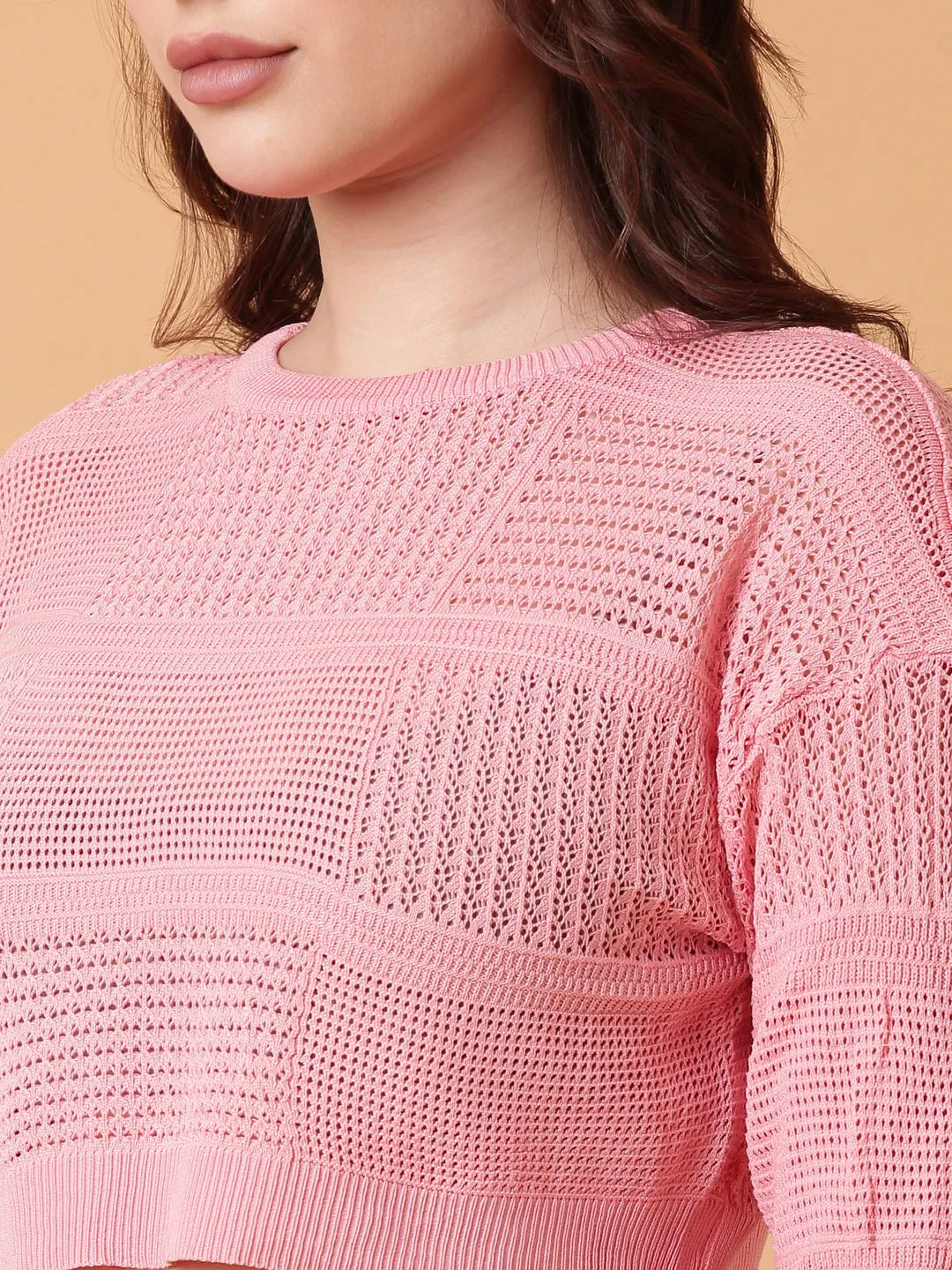 Women Pink Solid Crochet Crop Top