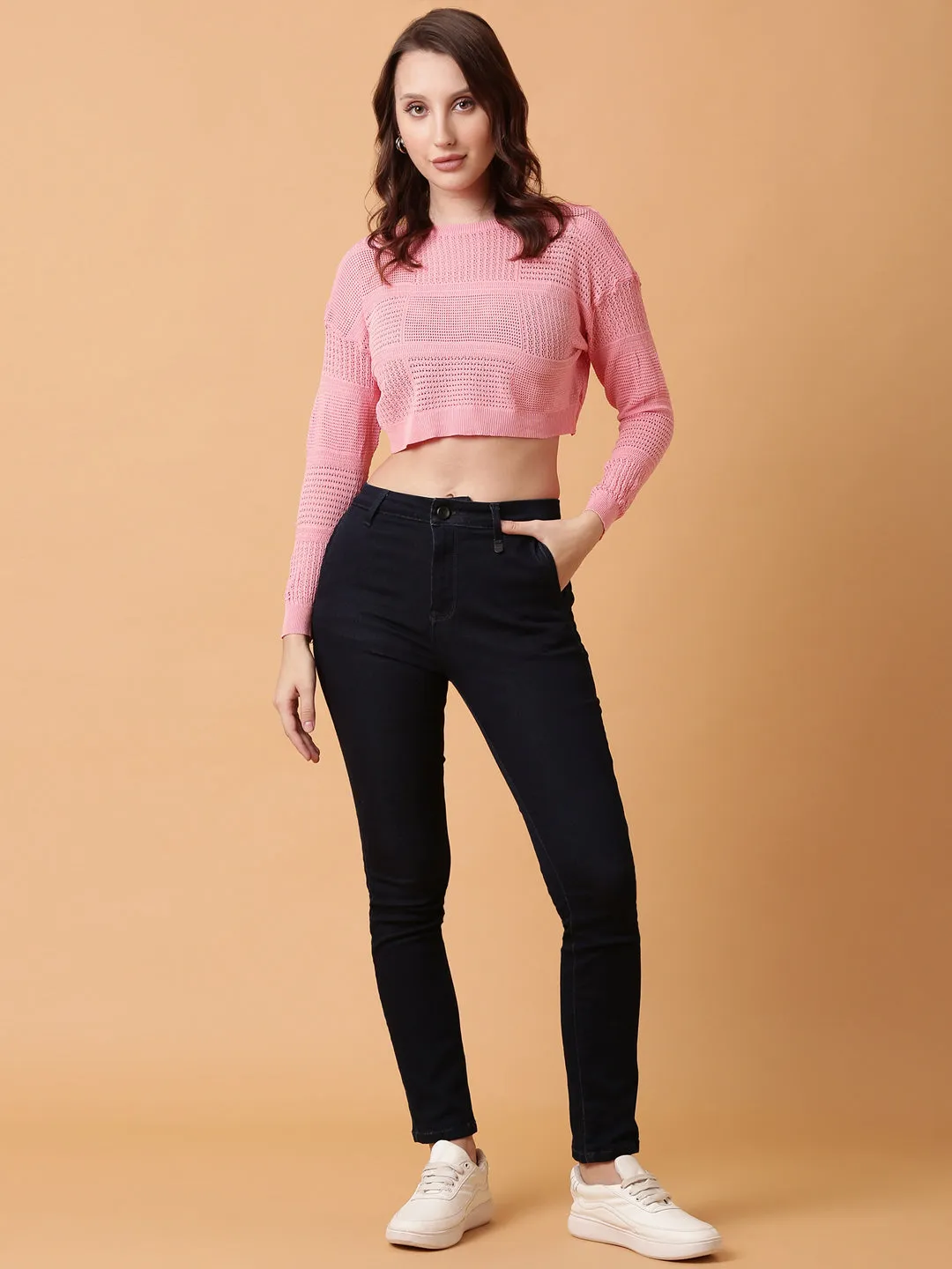 Women Pink Solid Crochet Crop Top