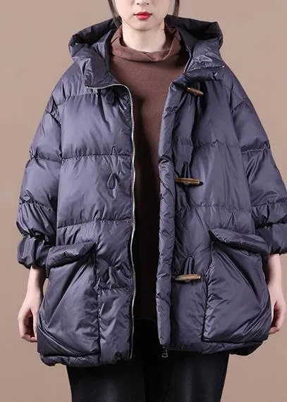 women plus size down jacket black hooded pockets goose Down coat