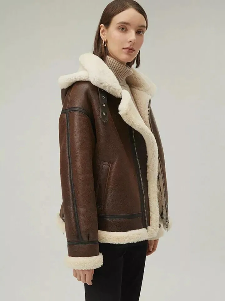 Women's Chocolate Brown Shearling Coat with Removable Hood