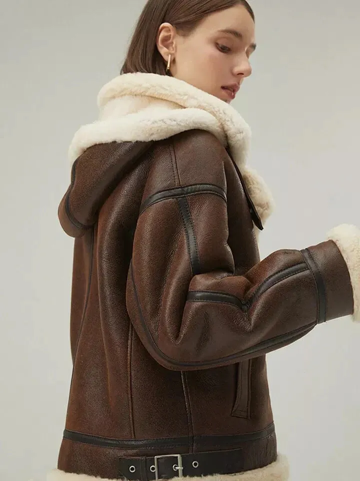 Women's Chocolate Brown Shearling Coat with Removable Hood