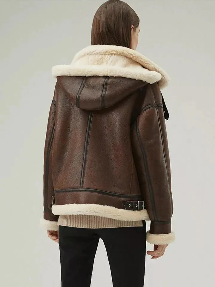 Women's Chocolate Brown Shearling Coat with Removable Hood