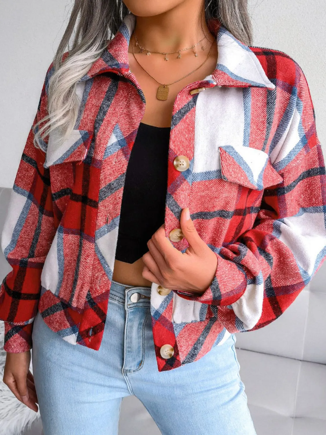 Women's Plaid Drop Shoulder Collared Jacket