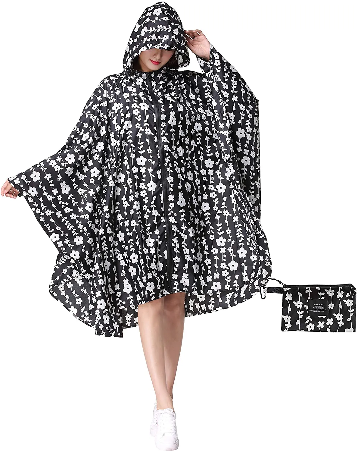 Womens Rain Poncho Stylish Polyester Waterproof Raincoat Free Size with Hood Zipper Styles