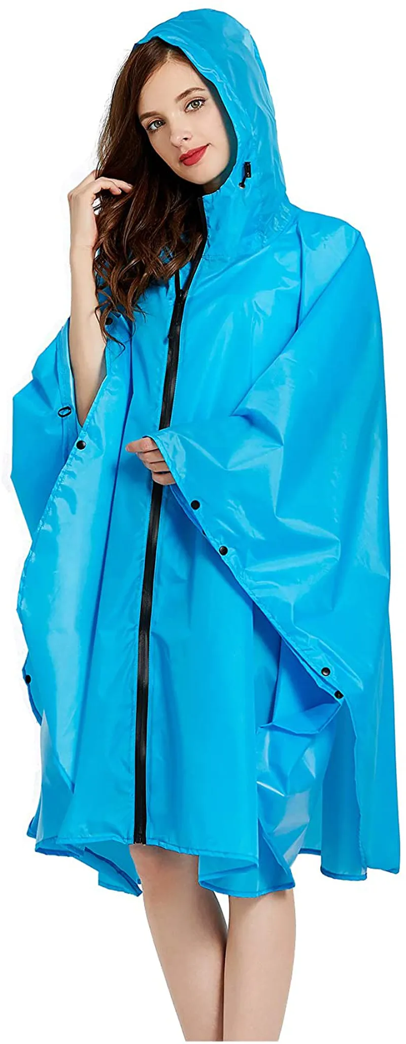 Womens Rain Poncho Stylish Polyester Waterproof Raincoat Free Size with Hood Zipper Styles